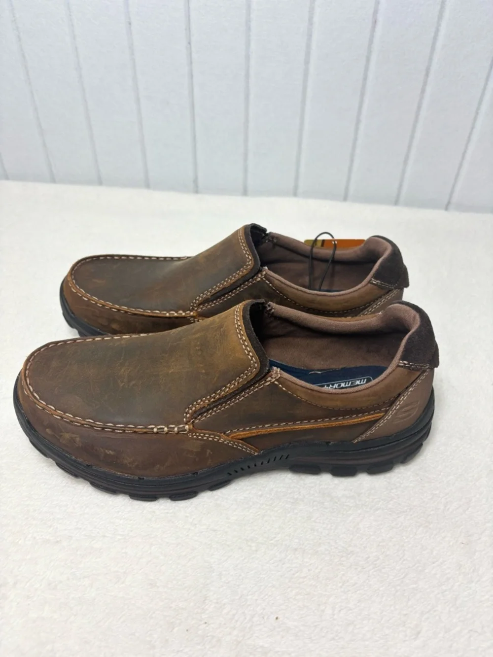 Skechers Brown Leather Upper Loafers USA Braver- Rayland Moc Toe Slip On  NEW